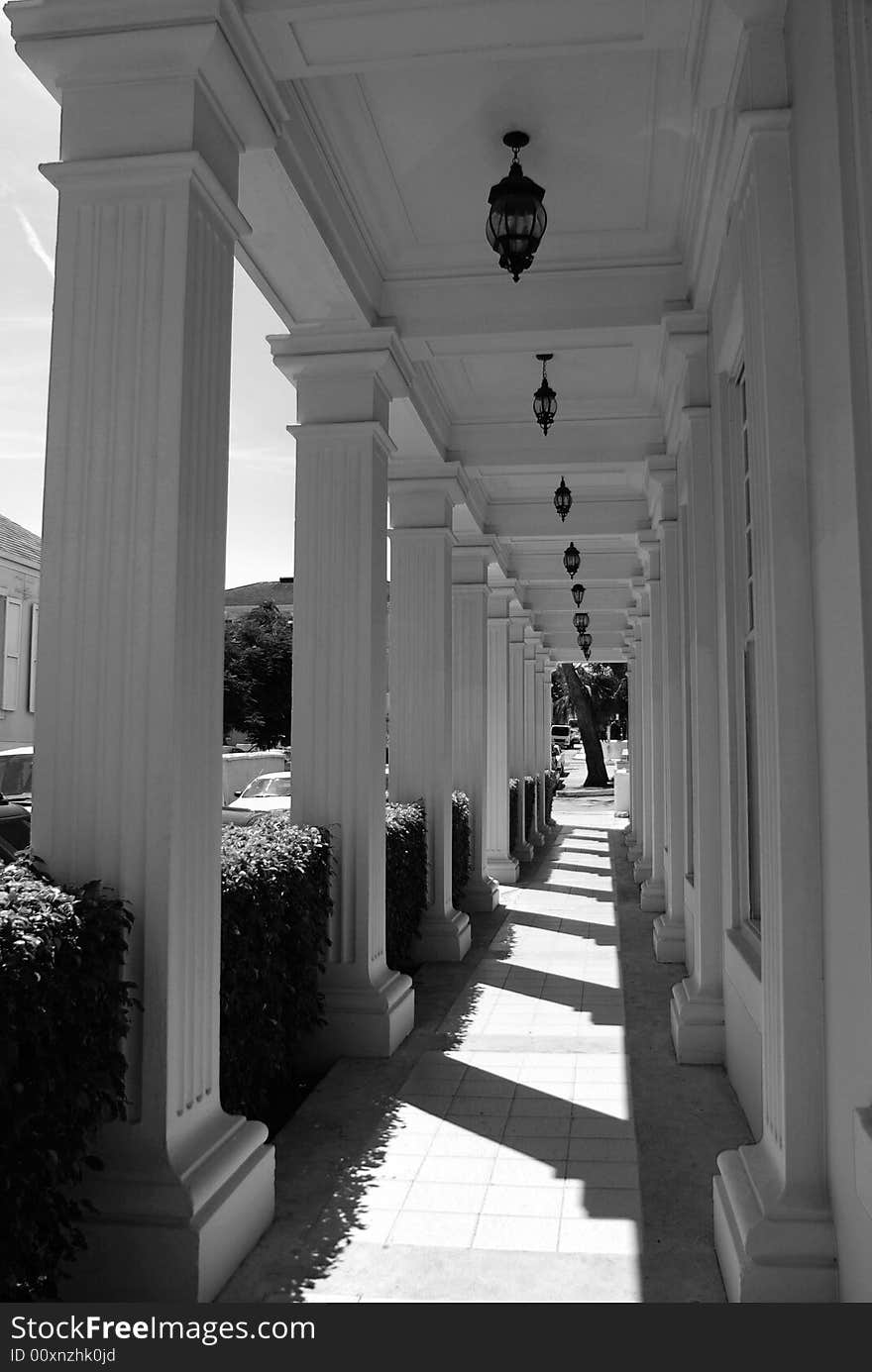 The lane of columns with shadows and spots of sunlight in Nassau, the capital of The Bahamas.