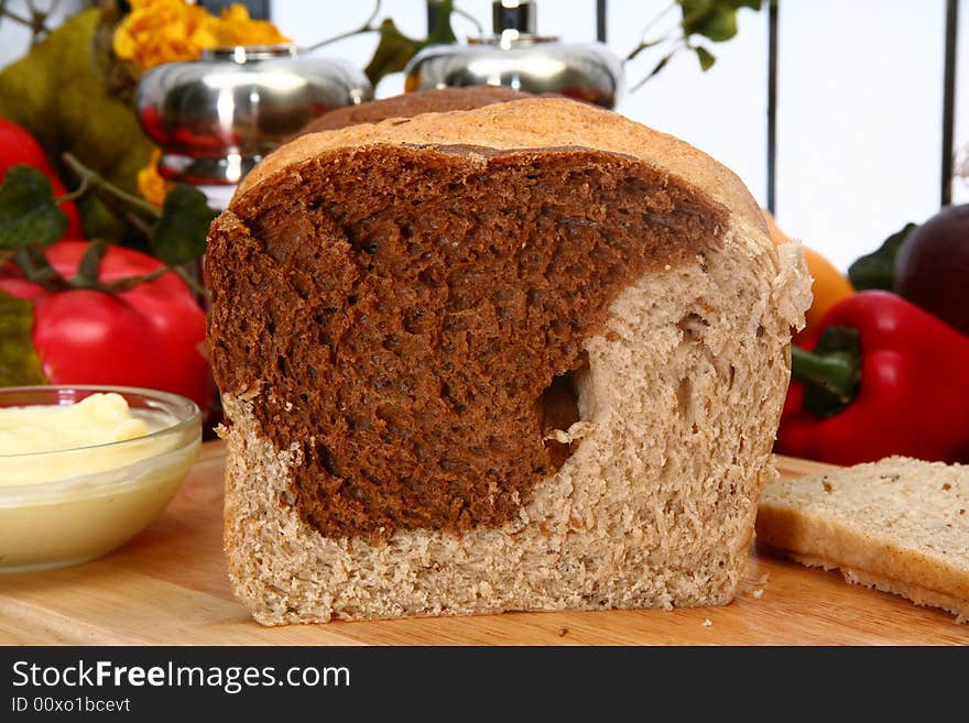 Loaf of marble rye bread in kitchen or restaurant. Loaf of marble rye bread in kitchen or restaurant.