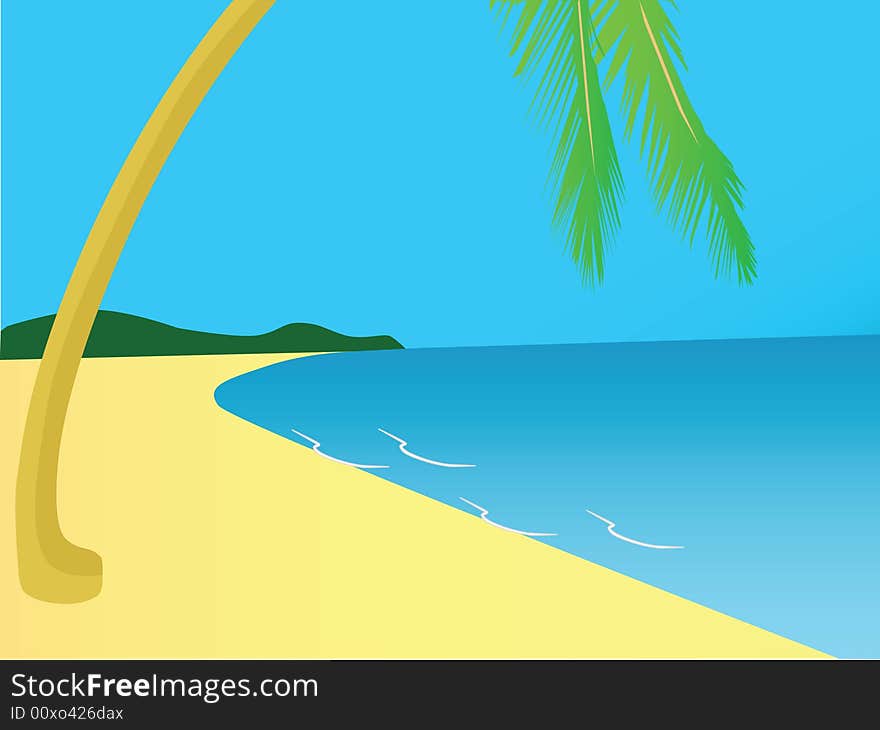 Vector illustration of a deserted beach, with palm tree on foreground