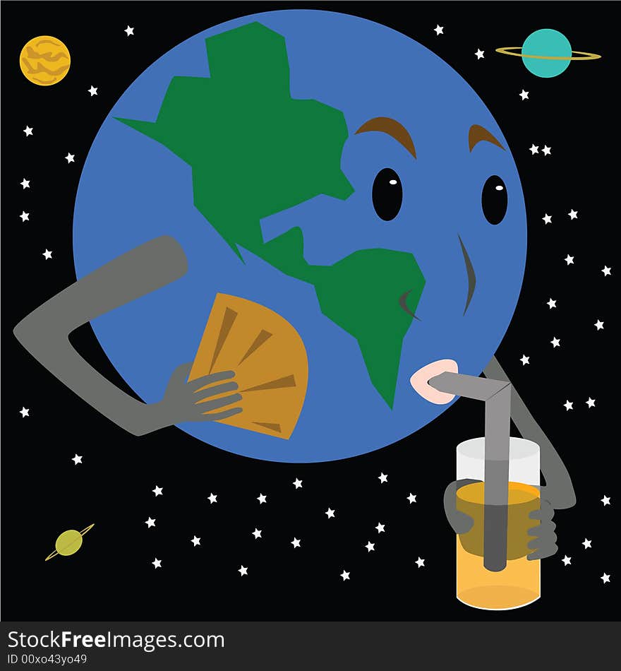 Vector illustration of Earth needing a fan and a drink to cool down from being too warm. Vector illustration of Earth needing a fan and a drink to cool down from being too warm.