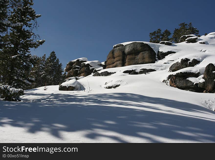 Bighorn Mountains rock formation, covered in snow