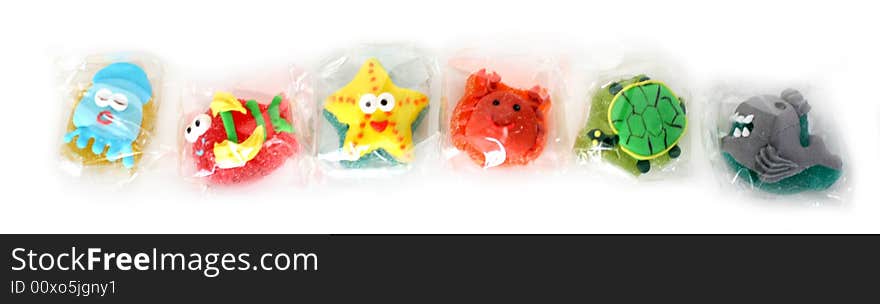 A six funny animal jelly in a transparent package. A six funny animal jelly in a transparent package