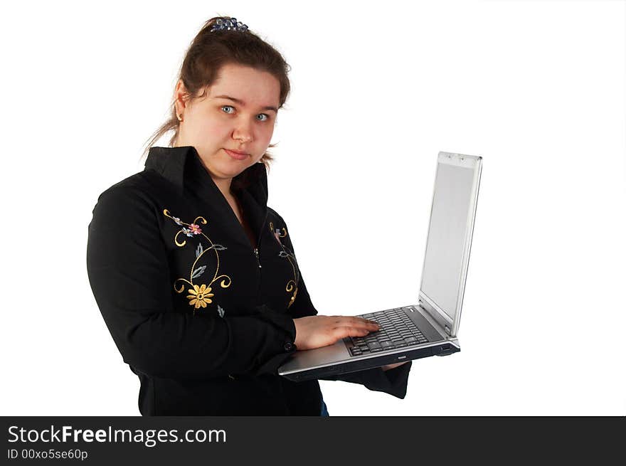 Surprised girl with laptop isolated on white