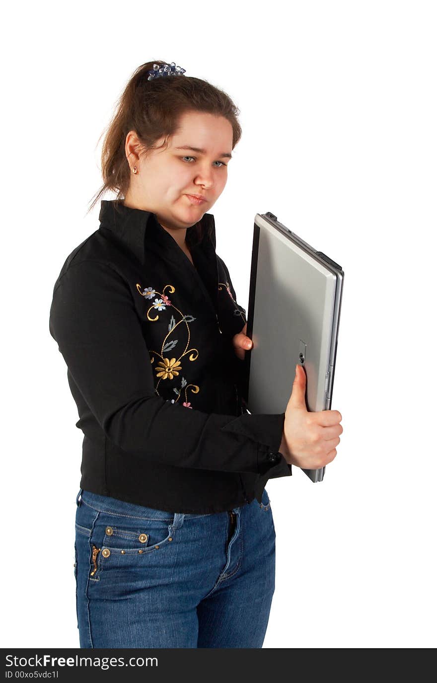 Girl holds closed laptop