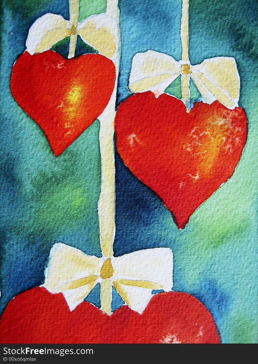 Watercolor painting of 3 red hearts, created by the photographer