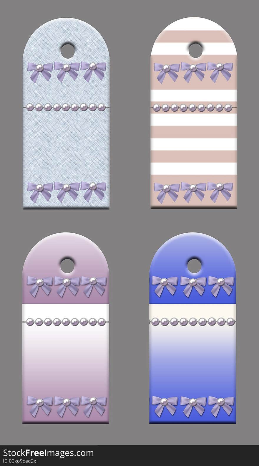 Gift tags with bows and pearls. Isolated on a grey background.