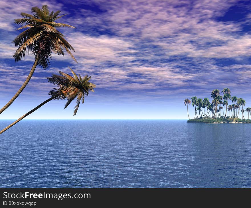 Coconut palm trees on a small island - digital artwork. Coconut palm trees on a small island - digital artwork