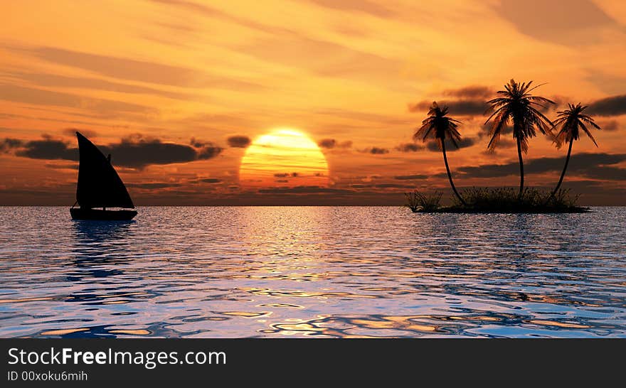 Small boat and sunset sky - 3d landscape scene .