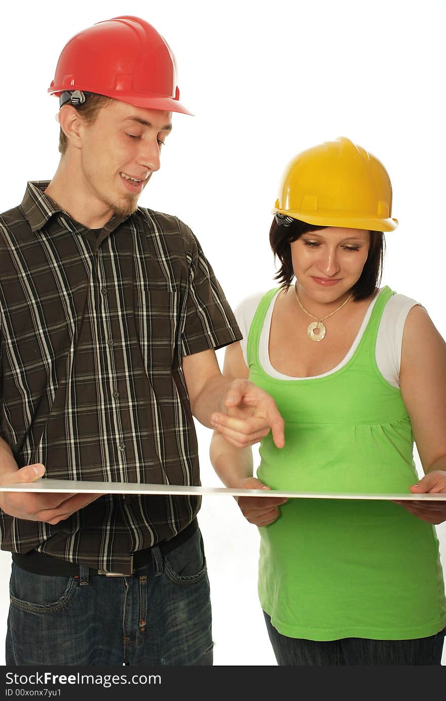 Young couple planning on white background