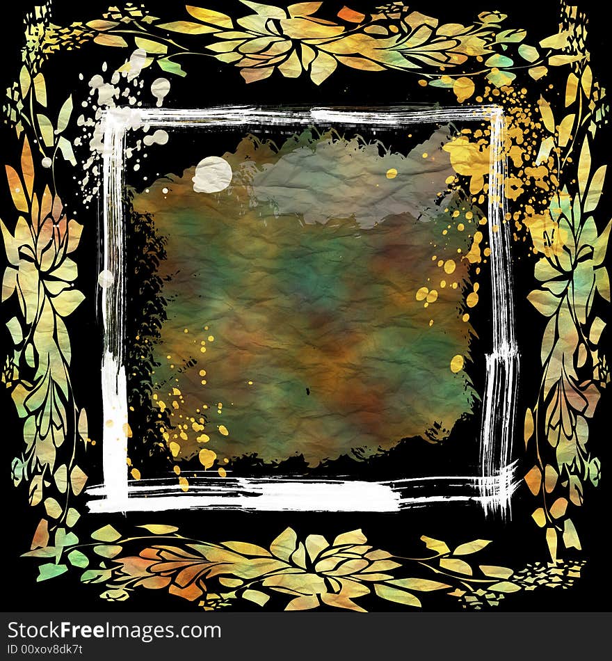 Grunge background with frame, floral,
splatter, stains. Grunge background with frame, floral,
splatter, stains