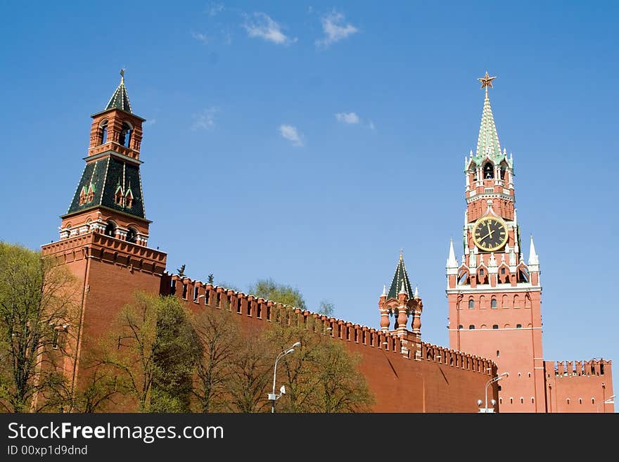 Kremlin wall with a clock in Moscow