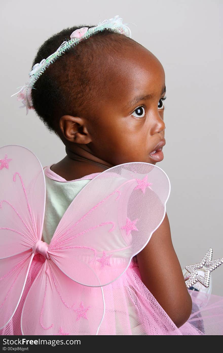 Toddler girl in a pink fairy costume with wings and head piece