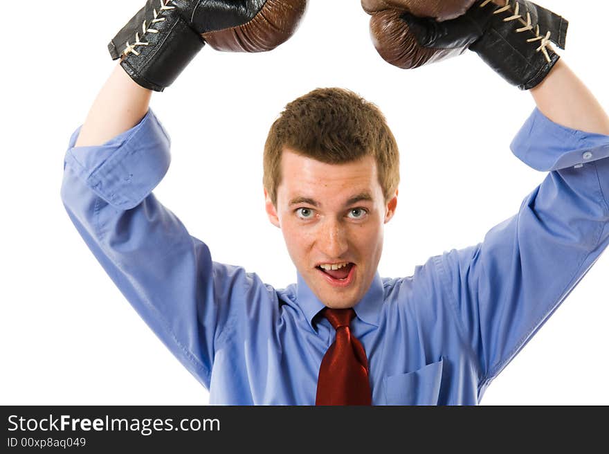 The winner. Closeup business boxer. Isolated over white background. The winner. Closeup business boxer. Isolated over white background