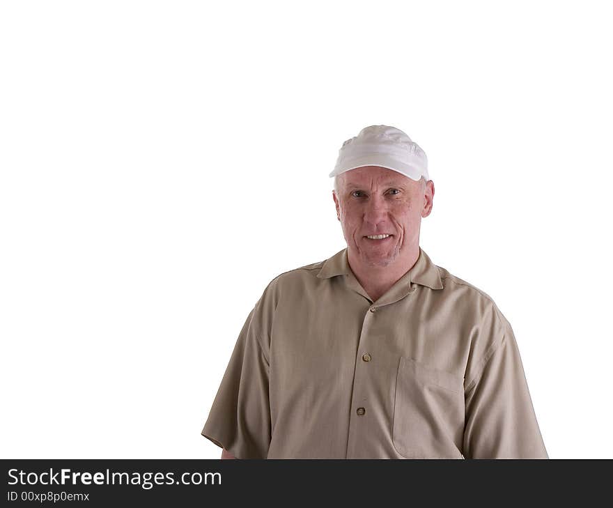 An old guy wearing a brown shirt and white cap on white background. An old guy wearing a brown shirt and white cap on white background