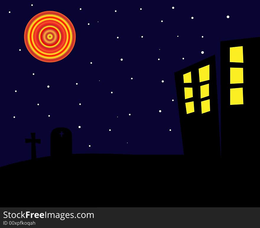 Graphic illustration of a spooky, dark Halloween night with gravestones and old buildings. Graphic illustration of a spooky, dark Halloween night with gravestones and old buildings.