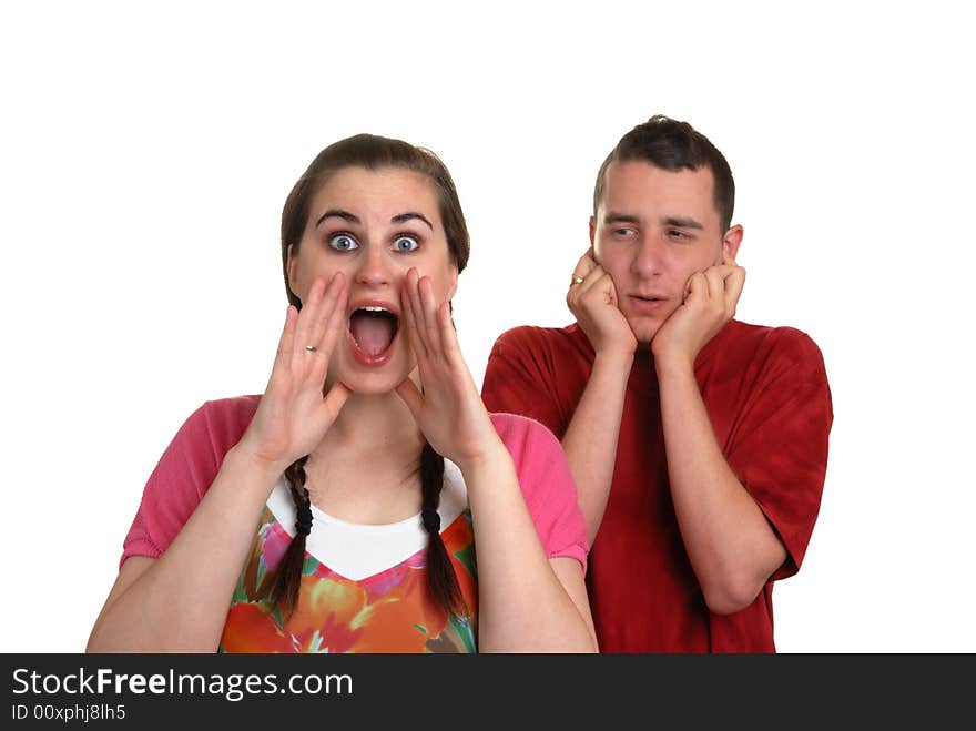 Cure young lady shouting whilst her partner is deafened - humorous concept