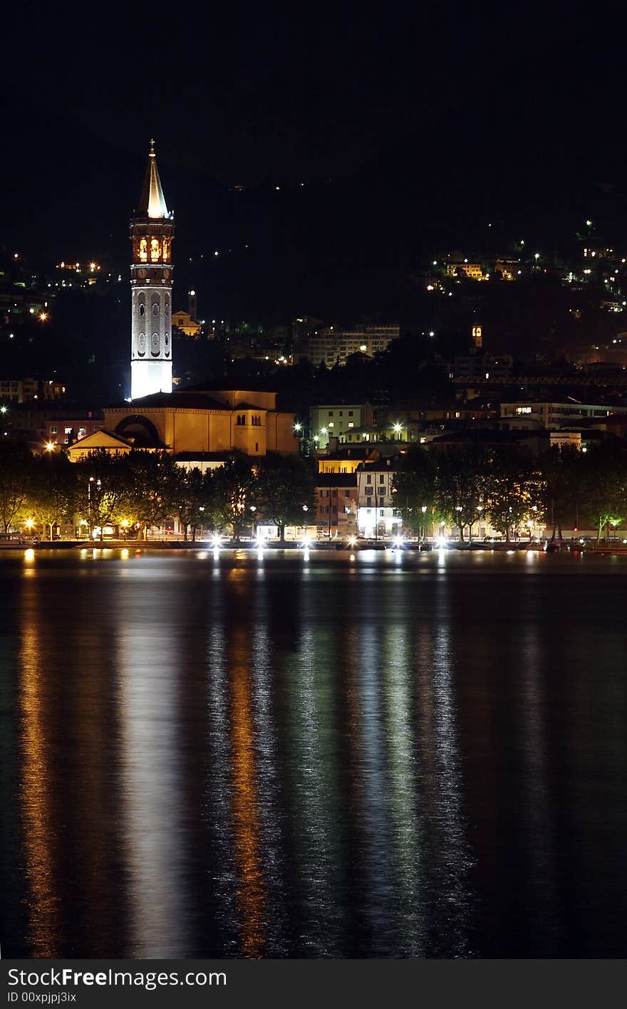 Night view of the main bell at Lecco, seen from the opposite side of the lake. Night view of the main bell at Lecco, seen from the opposite side of the lake