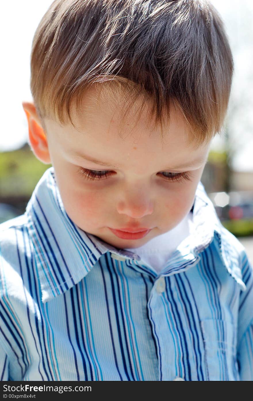 Close-up shot of a young boy looking down wearing a blue button-up shirt.