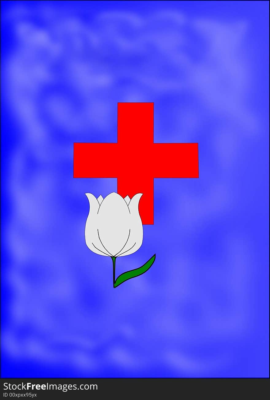 Red cross and white tulip against blue background.