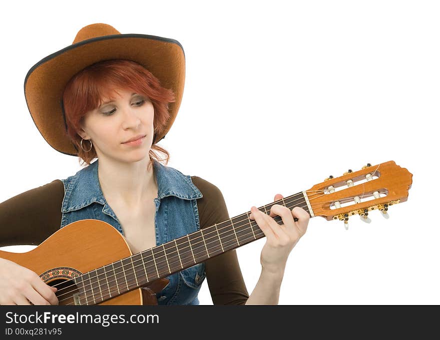 Close-up of a woman playing guitar, white background. Close-up of a woman playing guitar, white background