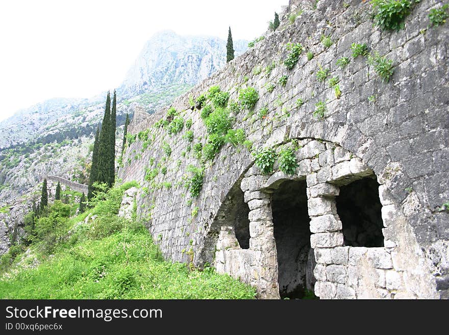 Remains of medieval military defensive fortress in harbor of Kotor, montenegro. Remains of medieval military defensive fortress in harbor of Kotor, montenegro