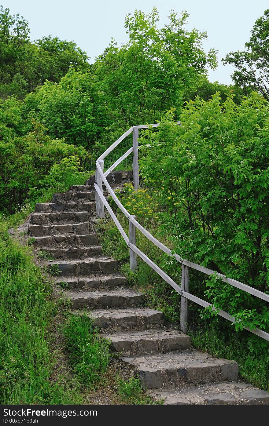 Stone stairs in the green forest with banisters. Stone stairs in the green forest with banisters.