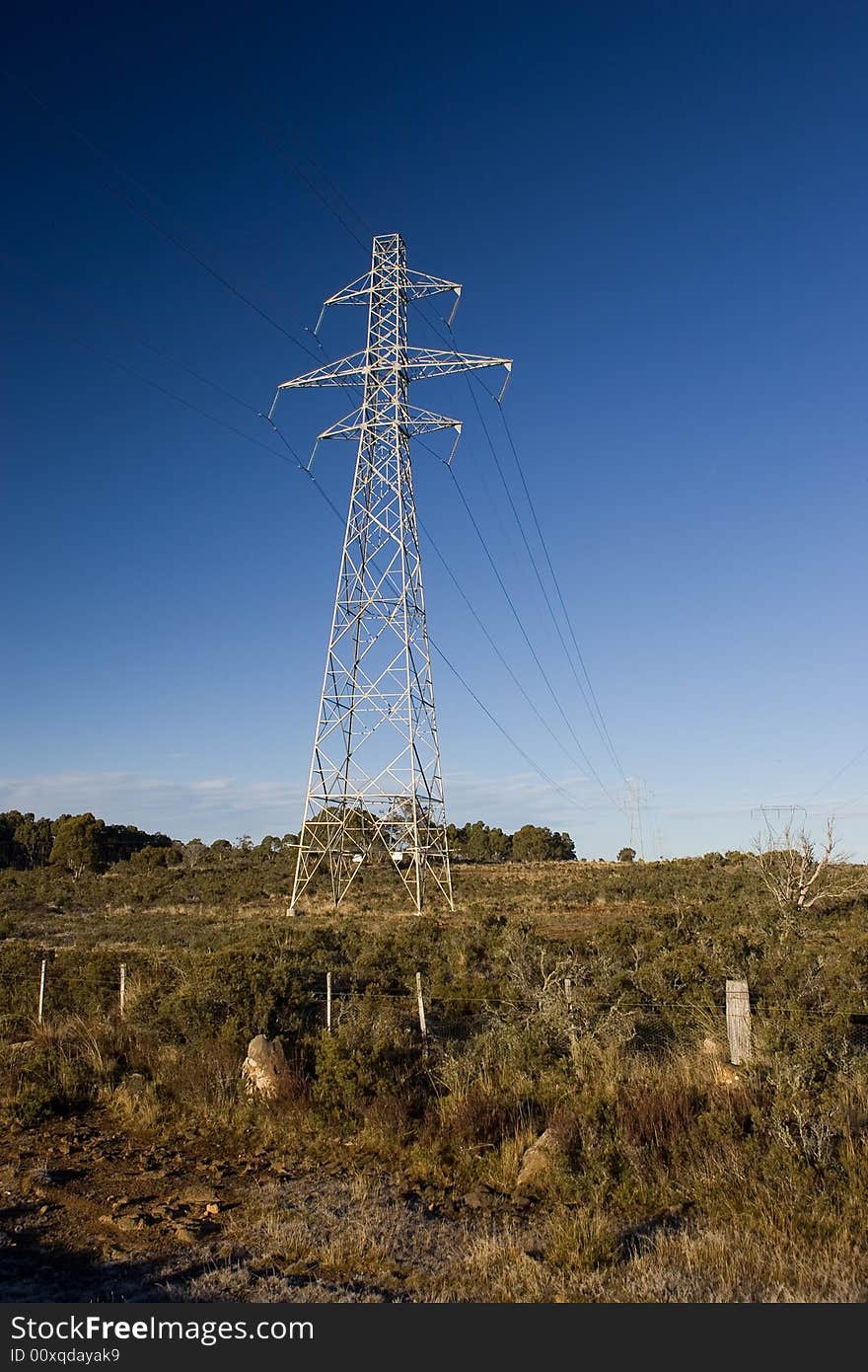 Power pylons crossing farmland with blue sky