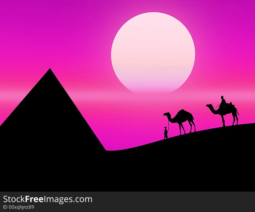 Hot landscape as this desert sunset with camels on the background