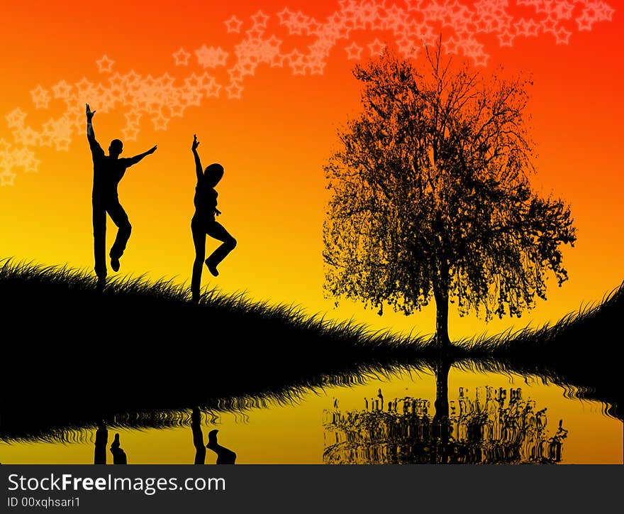 Black man and woman figures jumping in the sunset