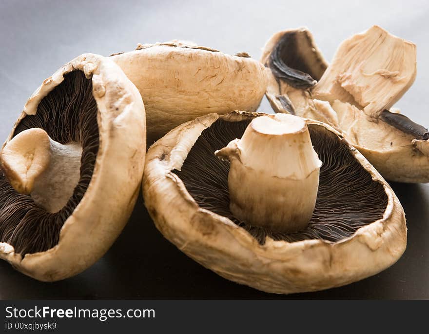 Several mushrooms on a dark background