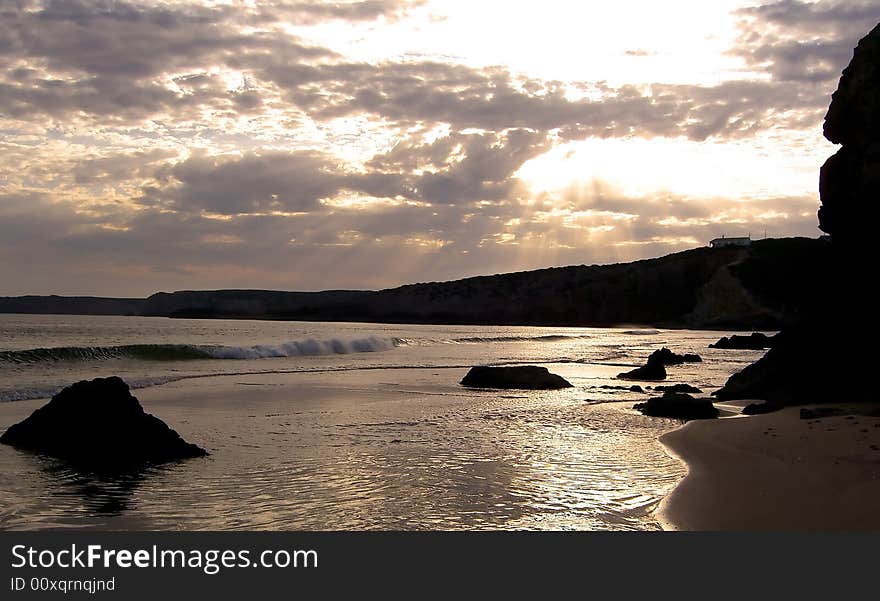 Sunset at Zavial beach near Vila do Bispo on Algarve, Portugal. Sunset at Zavial beach near Vila do Bispo on Algarve, Portugal.