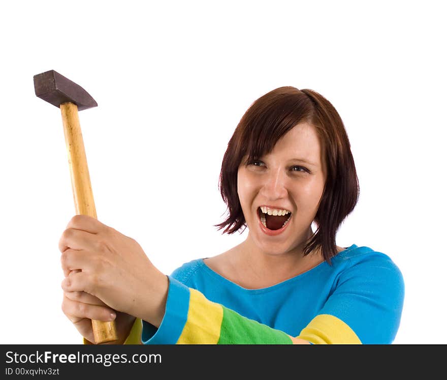 Woman with hammer on white. Woman with hammer on white