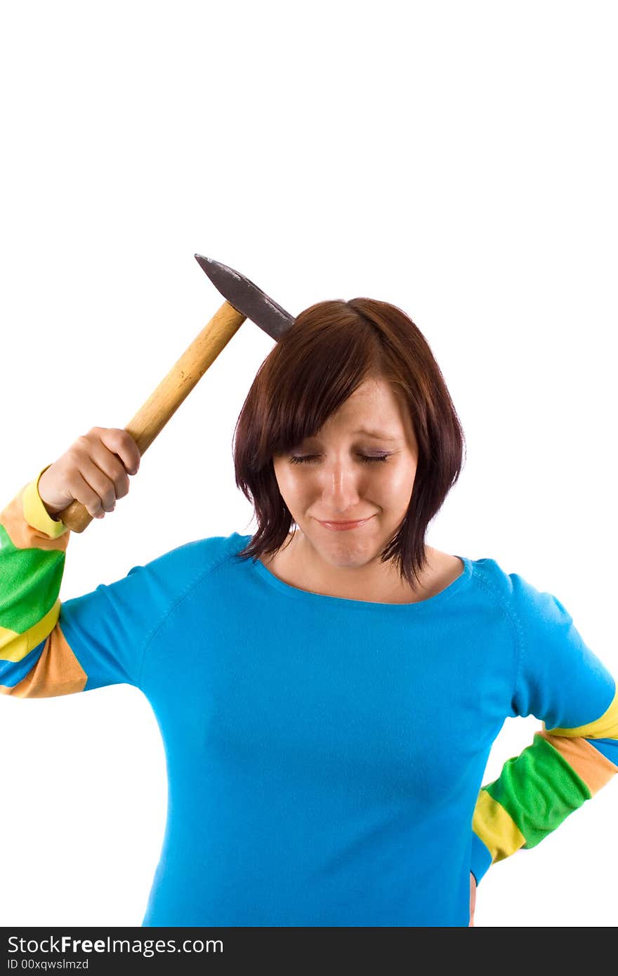 Woman with hammer on white