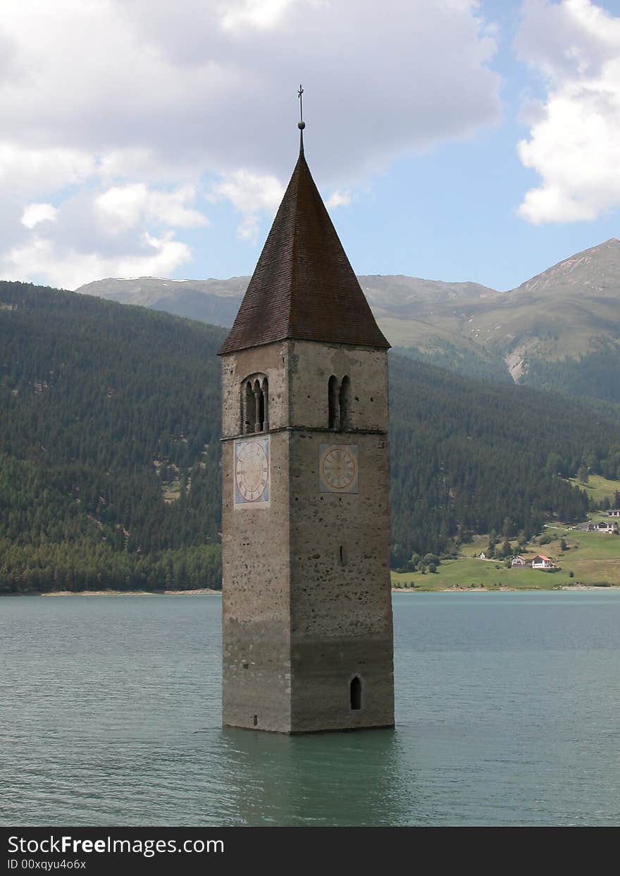 Panorama of flooded church of Resia. Panorama of flooded church of Resia