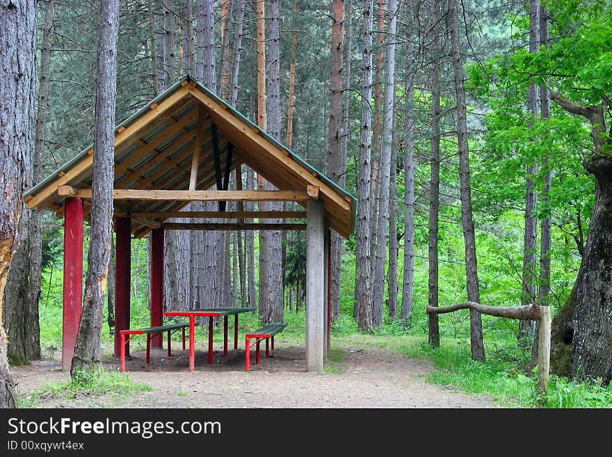 Outdoors place for resting in green forest