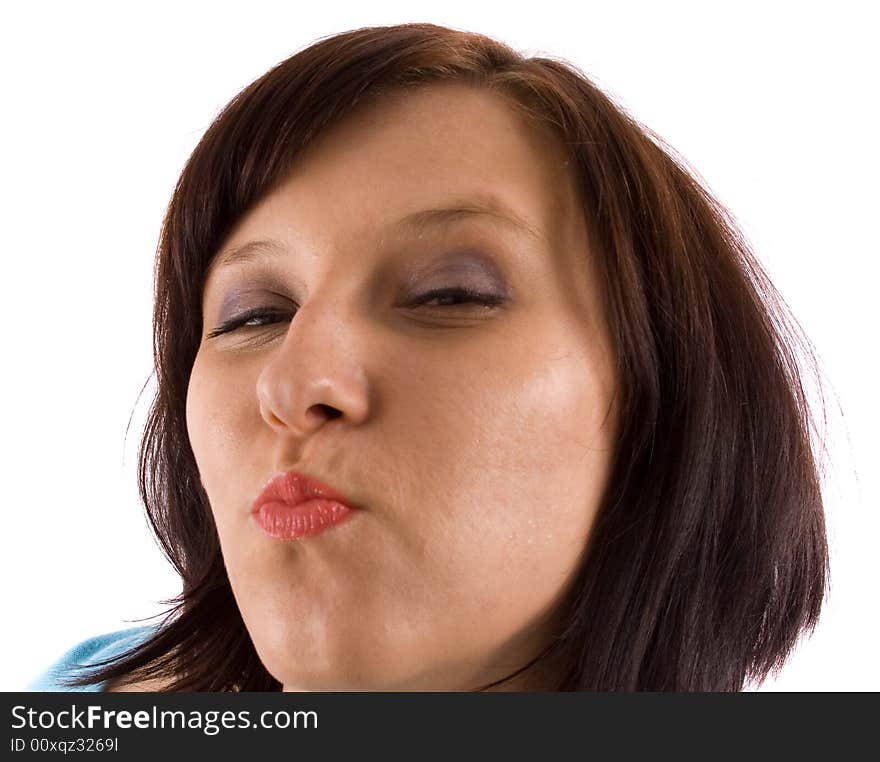 Kissing woman on white background