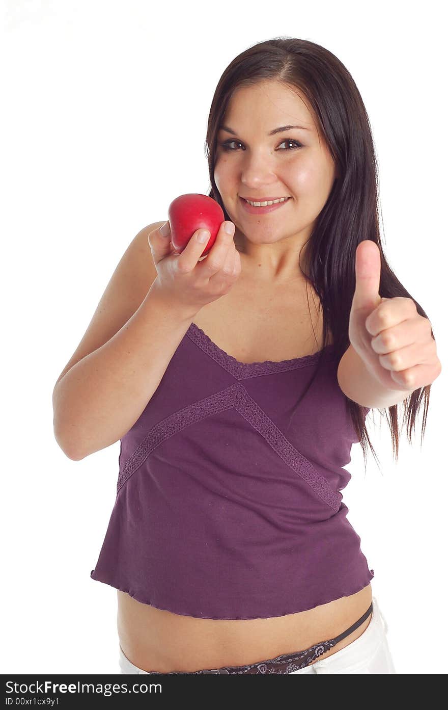 Attractive brunette woman with apple on white background. Attractive brunette woman with apple on white background