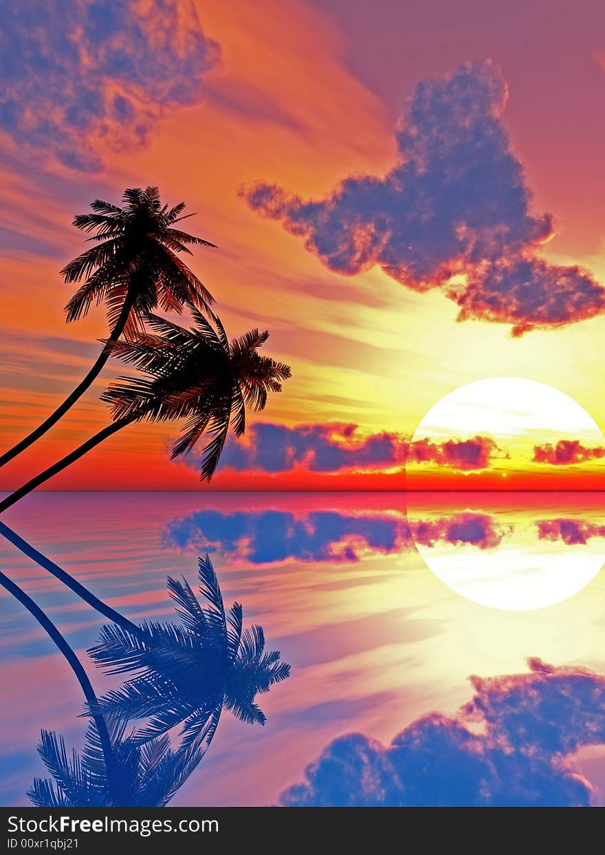 Sunset coconut palm trees on small island - 3d illustration.