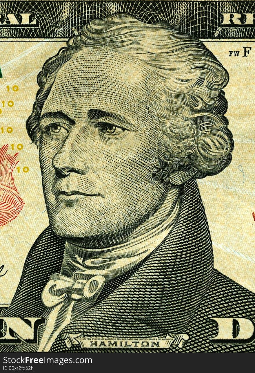 Portrait of president Hamilton a 10-dollar banknotes of United States of America