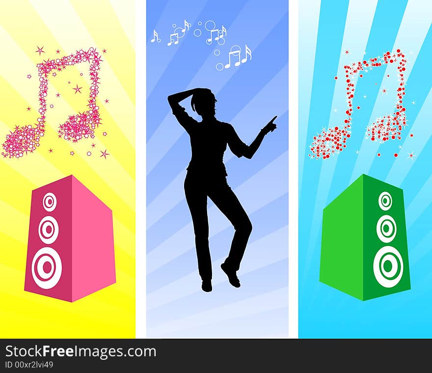 A black female silhouette dancing with speaker on a backround. A black female silhouette dancing with speaker on a backround