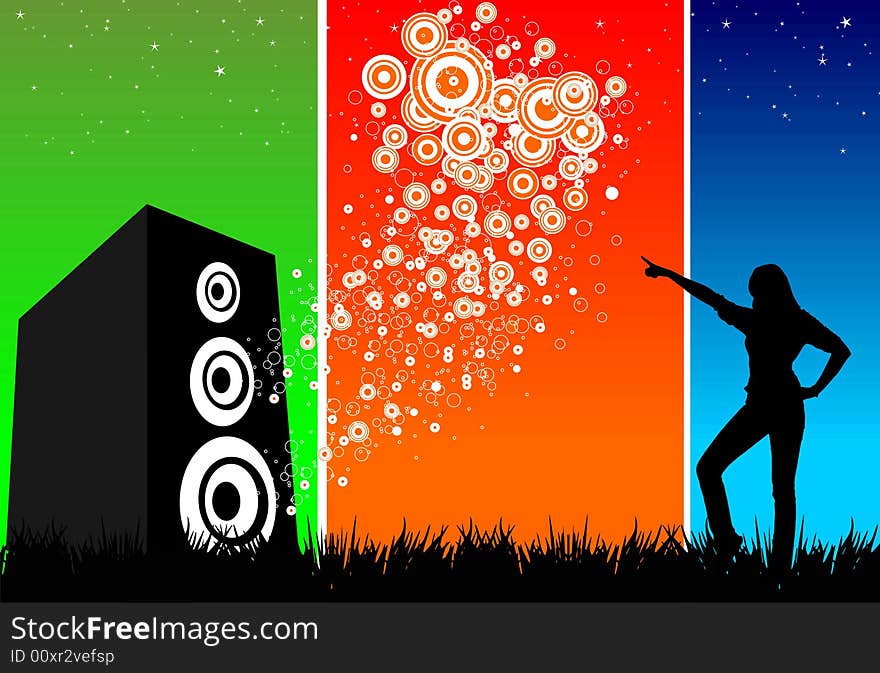 A female silhouette dancing in the night with sound coming out of speaker. A female silhouette dancing in the night with sound coming out of speaker