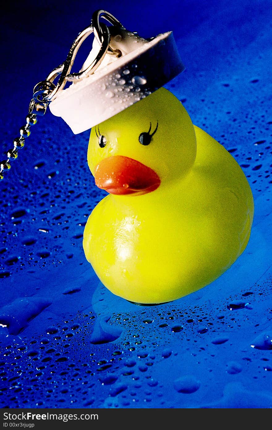 A colourful image of a rubber duck with a bath plug on his head that makes him look like a sailor ducky. the background is blue and is covered with little droplets