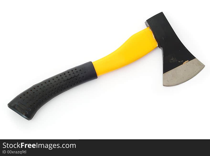 Steel axe with rubber hand on the white background. Steel axe with rubber hand on the white background.