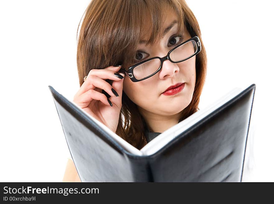 The young japanese business woman looking at note