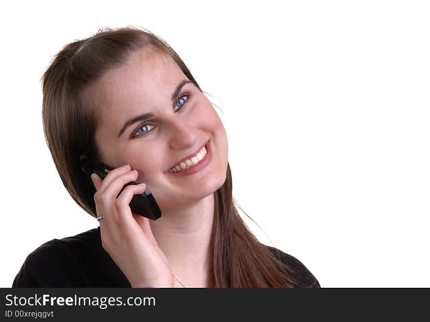 Portrait of cute girl talking on telephone, isolated on white. Portrait of cute girl talking on telephone, isolated on white