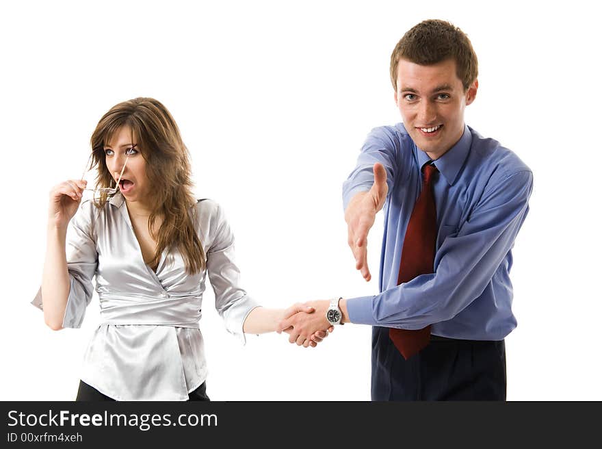 Handshake. Young business man and woman offers hand shake. Isolated over white