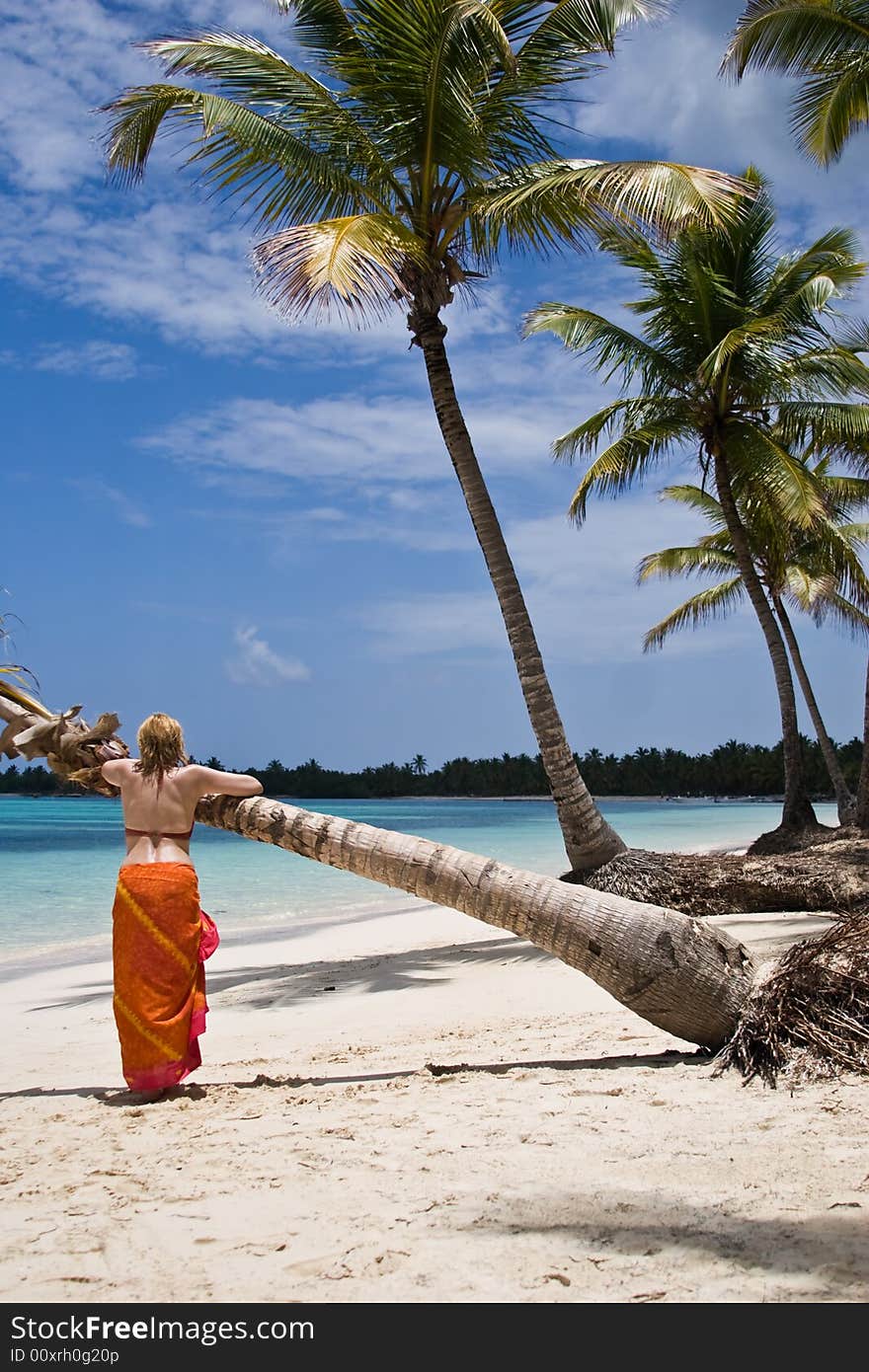 Girl and palm tree on the Bavaro Beach, Dominican republic