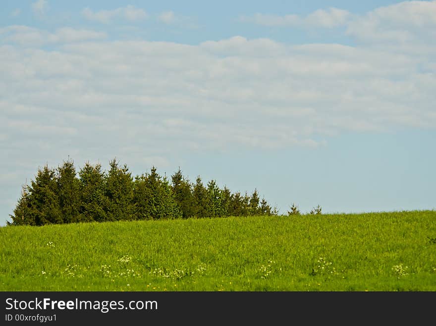 Lush green landscape and blue cloudy sky