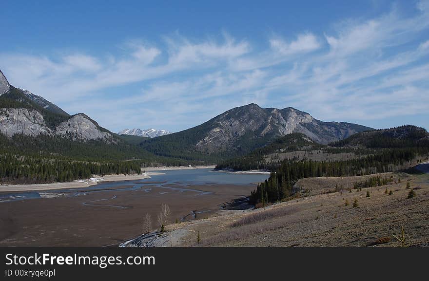 View of spring rocky mountains and lake in kananaskis country, alberta, canada. View of spring rocky mountains and lake in kananaskis country, alberta, canada