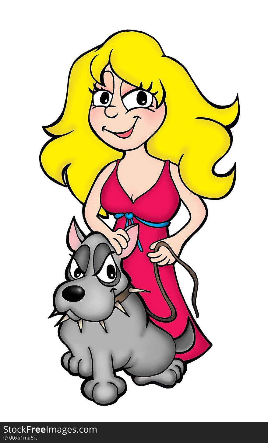 Color illustration of girl in red dress with dog. Color illustration of girl in red dress with dog.